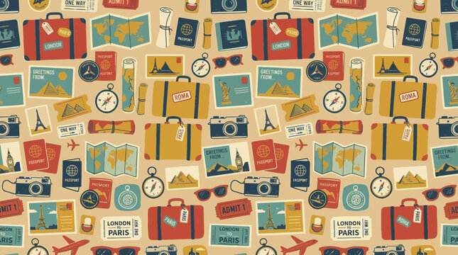 Suitcases and travel accessories create a vintage seamless pattern for holiday themes.