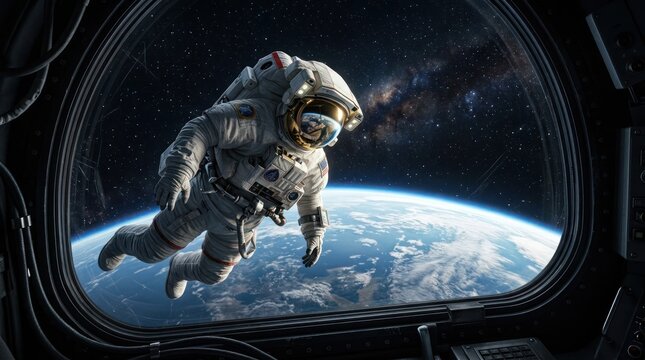 Astronaut floating in space with earth below