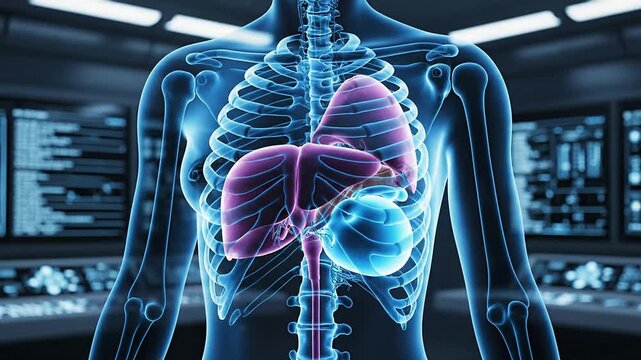 Advanced Holographic Medical Display of Transparent Human Model Showcasing Liver and Lungs in Futuristic Medical Environment