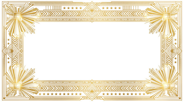 Art deco gold frame with geometric patterns. Elegant vintage golden border for luxury invitations. Ornate metallic 1920s style frame. isolated PNG with Transparent Background