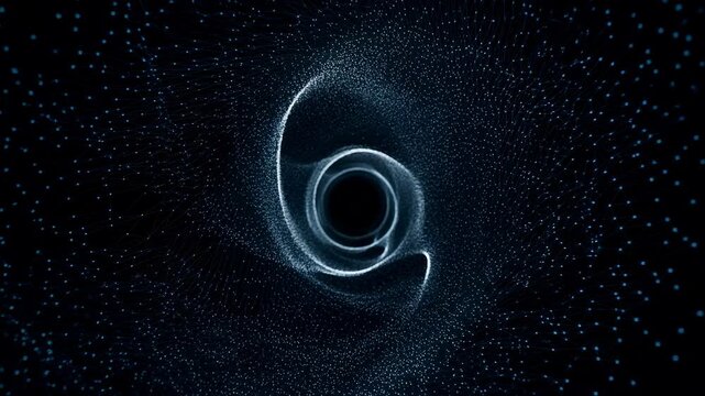 Central particle vortex with luminous cyan rings, converging mesh arcs, dark core, radial glow, layered digital depth, and sleek futuristic abstract backdrop, with particle, halo, void, vortex detail