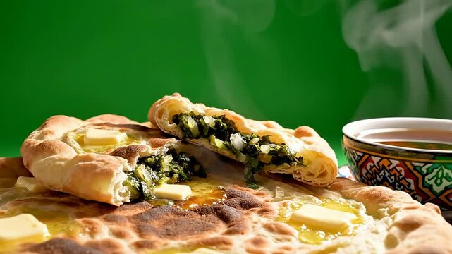 Classic Turkmeni Gutap Flatbread Filled With Greens and Butter Isolated On Pure Green Background With Steam Rising