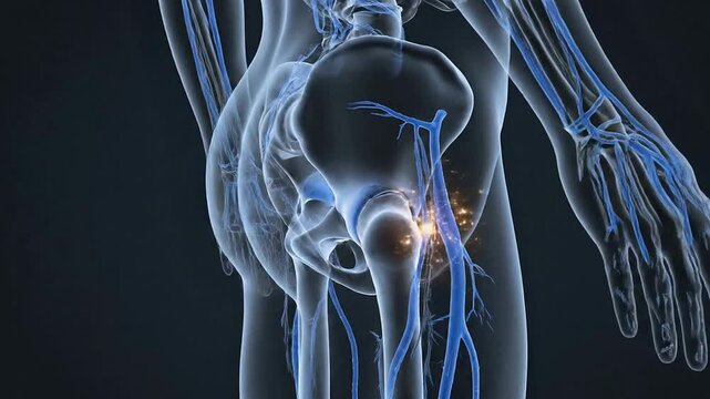 4K Visualization Of Transparent Human Hip Joint Depicting Overuse Injury In Runner Anatomy With Focus On Nerves And Inflammation
