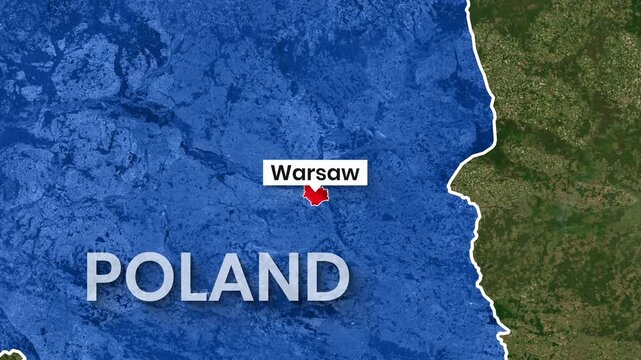 Animated map footage showing the location of Warsaw, the capital city of Poland
