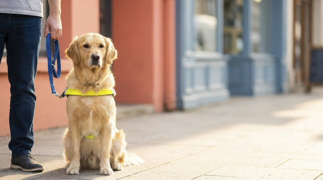 Guide dog sits attentively beside its handler on city street