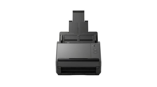 Professional document scanner for office use, high speed desktop digital imaging hardware, black electronic paper scanner machine isolated PNG with Transparent Background