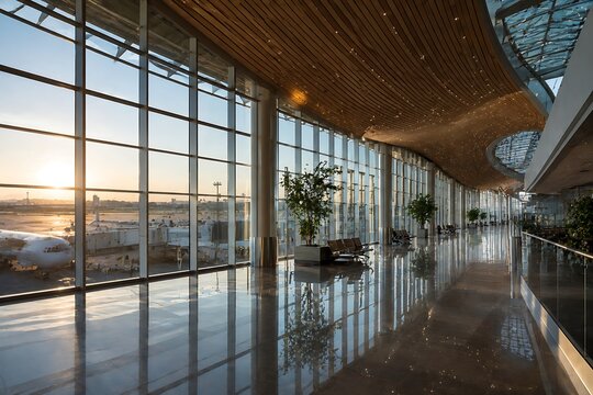 Modern airport terminal interior with large windows overlooking an airfield at sunset, featuring a wooden ceiling and reflective floors.