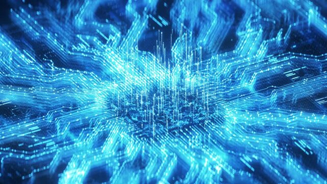 Technology Background Animation of CPU Processor on Motherboard. Cyber Security Cloud Data Blue Connections With Futuristic Glowing Signal Lines. Digital Ai Server Infrastructure Mainframe Concept 4k