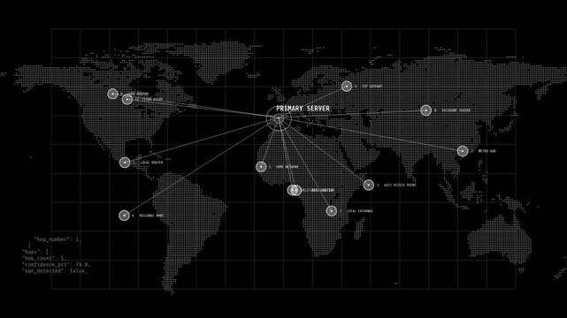 A digital world map infographic tracking international server network junctions, data center peering exchanges, and global internet backbone routing.