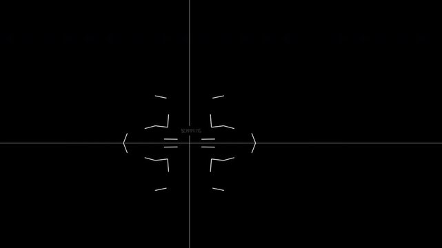 A clean technical line-art interface element animating a multi-axis crosshair target acquisition alignment sequence for video composites.