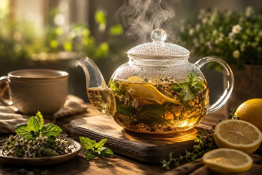 Steaming glass teapot filled with herbal tea, lemon, and mint on a rustic wooden table with a blurred natural background.