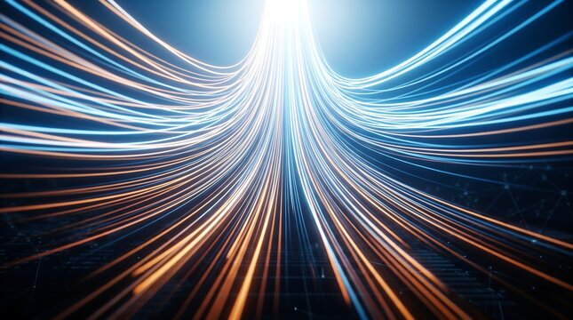 Abstract fiber optic light trails representing high speed internet data transfer. Glowing blue and orange motion blur lines for telecommunications