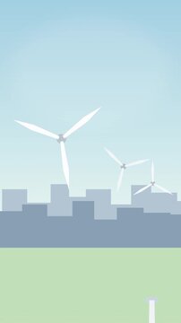 Flat cartoon animation showing wind turbines generating clean energy in front of a city skyline, eco green future