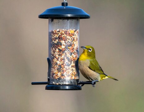 Indian Oriental White-eye delicately eating grains, showcasing vivid plumage and sharp eyes.