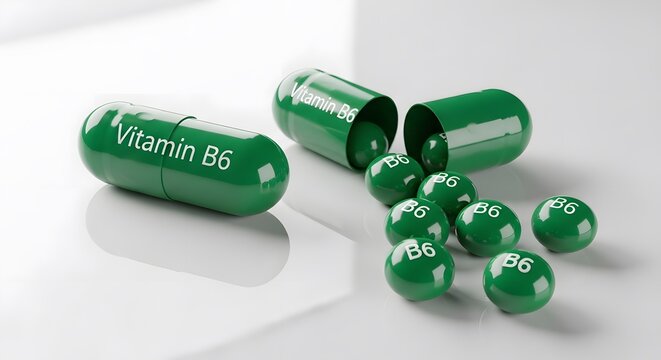 Green vitamin b6 capsules spilling out of a pill bottle on white