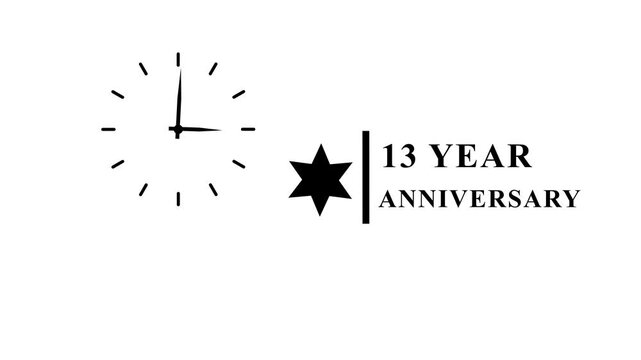 Clock shows time passing near 13 year anniversary text and star.