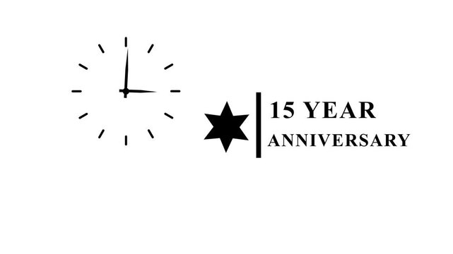 Clock hands spinning fast next to fifteen year anniversary logo on white canvas.
