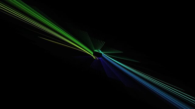 Abstract geometric lines animation with colorful neon gradients rotating through dark space creating dynamic symmetrical motion patterns for digital background.