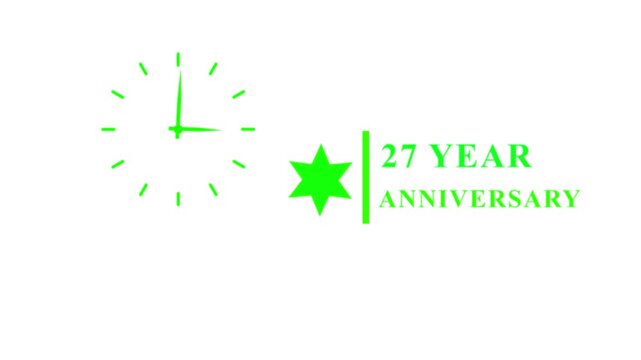 Neon green clock animation with star for twenty seven year anniversary footage.