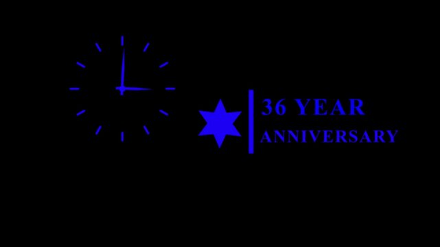 Clock 36 year anniversary celebration motion graphic on black background digital art.