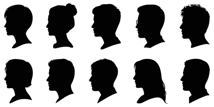 A collection of ten diverse human head silhouettes in profile view, showcasing various hairstyles and head shapes arranged in two rows on a plain white background, for easy use