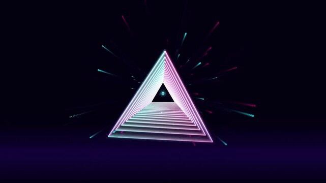 Abstract neon triangle tunnel with glowing particles and light streaks on dark background, retro futuristic motion graphic.
