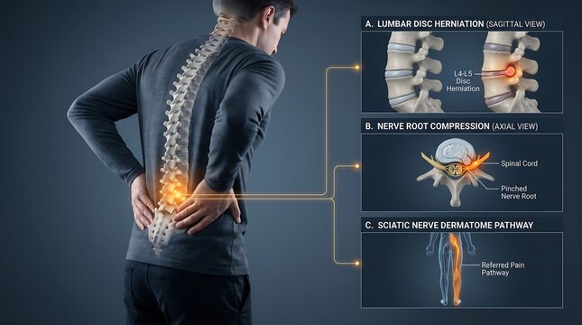 Lumbar disc herniation medical illustration showing nerve root compression and sciatic nerve dermatome pathway, man with lower back pain and spinal injury