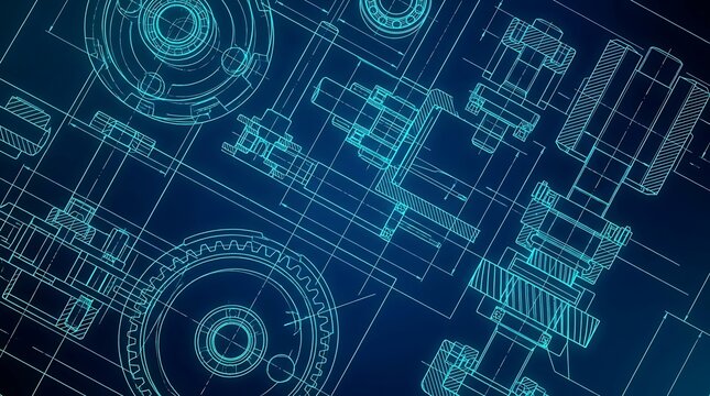 Detailed engineering blueprint of mechanical parts and machinery in blue neon lines on dark background, representing industrial design and technical drawings.