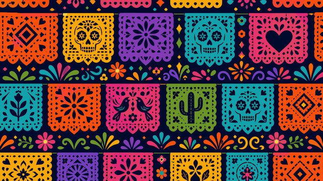 Vibrant Papel Picado Bunting with Traditional Mexican Folk Art Motifs.