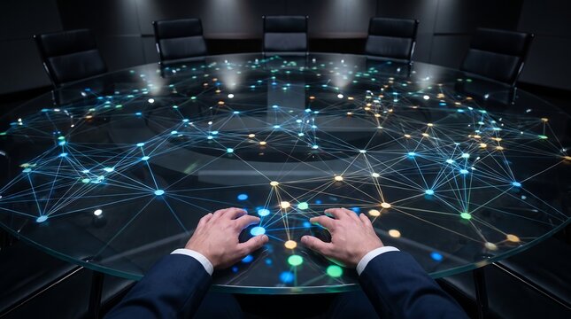 Futuristic digital network interface on boardroom table, businessman hands interacting with global data connection map, high-tech corporate meeting room with glowing cyber security grid.