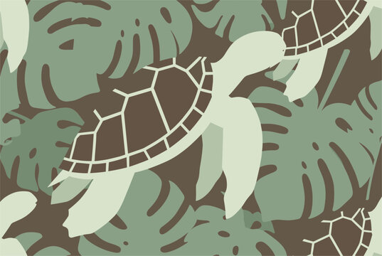 Seamless tropical pattern featuring sea turtles swimming among monstera leaves in green and brown tones.