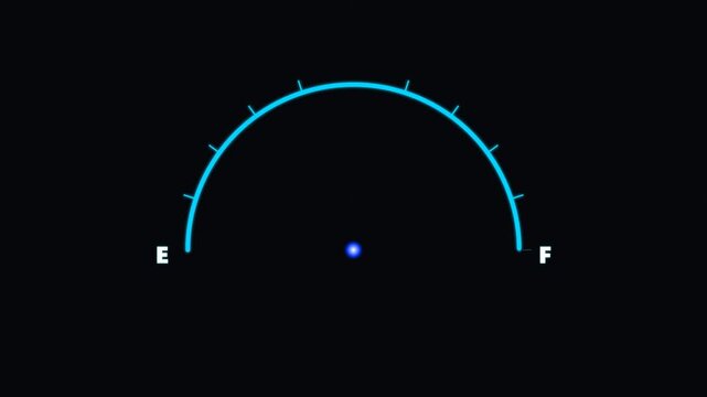 Futuristic Digital Fuel Gauge Indicator with Glowing Blue Neon Light on Black Background Showing Energy Level Status for Dashboard UI