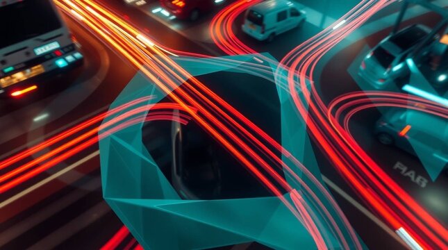 Dynamic long exposure photograph of vibrant car light trails forming abstract patterns at a busy city intersection in 4K
