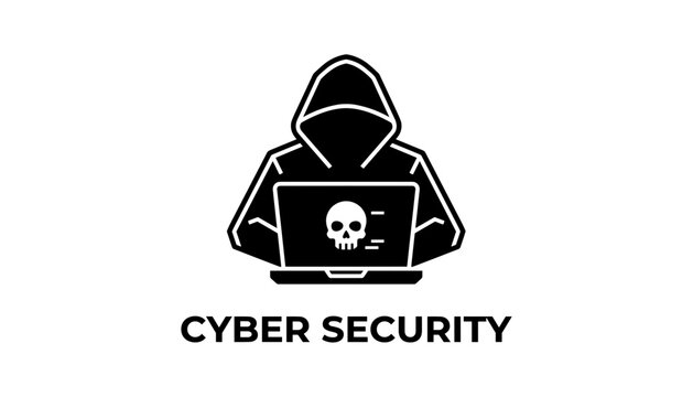 Cyber security hooded hacker with laptop vector icon isolated on white background