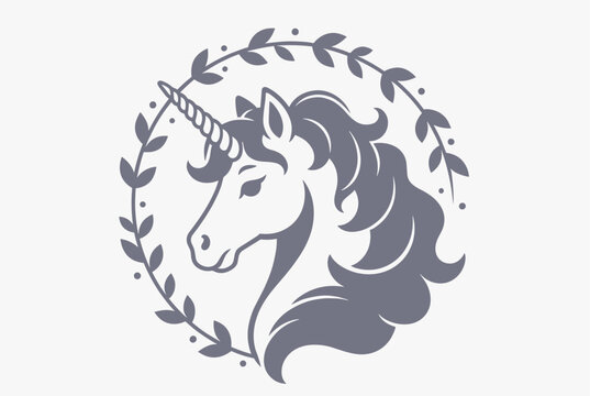 Elegant grey silhouette of a majestic unicorn head is enclosed in a delicate circular leafy wreath on a white background.