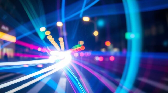 Dynamic long exposure photograph of vibrant car light trails forming abstract patterns at a busy city intersection in 4K