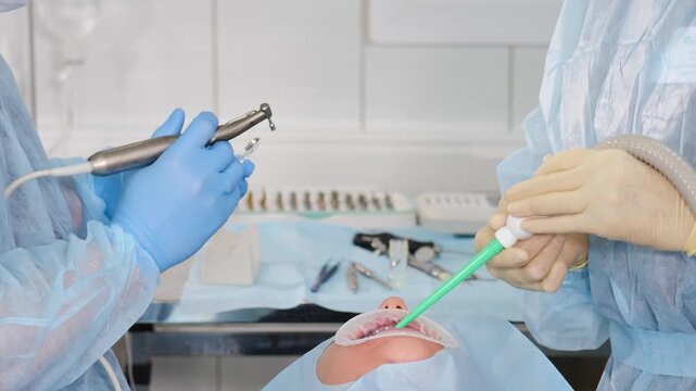 Dental surgeon opening sterile packaging box containing dental implant alongside assistant holding tools. Preparation for adult tooth implantation surgery modern teamwork and advanced oral healthcare 