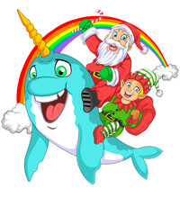 Cute Santa Claus and elf riding narwhal Christmas illustration © Totu Tayo