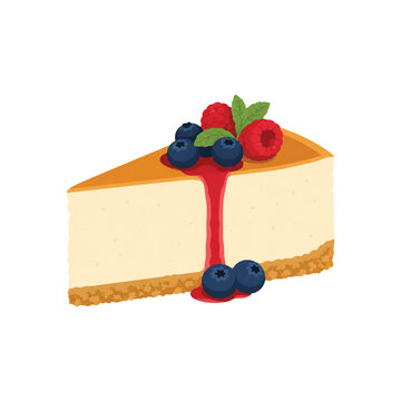 Delicious slice of cheesecake decorated with fresh berries and raspberry syrup dripping down.