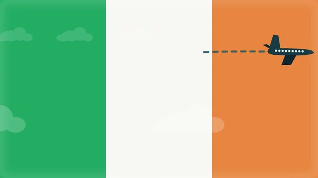 Animation of a dark airplane flying across the Irish flag with green, white, and orange vertical stripes and clouds