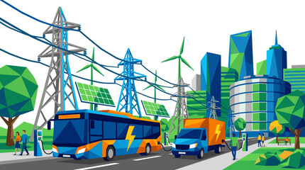 Naklejka premium Sustainable Smart City with Electric Vehicles and Renewable Energy