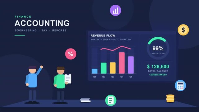 Modern flat colorful motion animation of accounting concept with people, charts, and financial icons