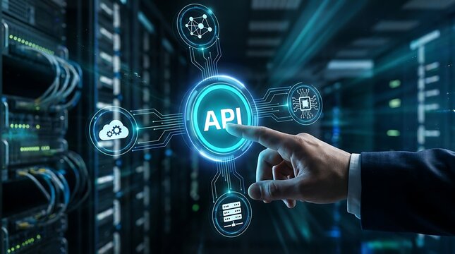 Man touching API application programming interface symbol connected to cloud chip server and network icons for software integration data exchange and system development.