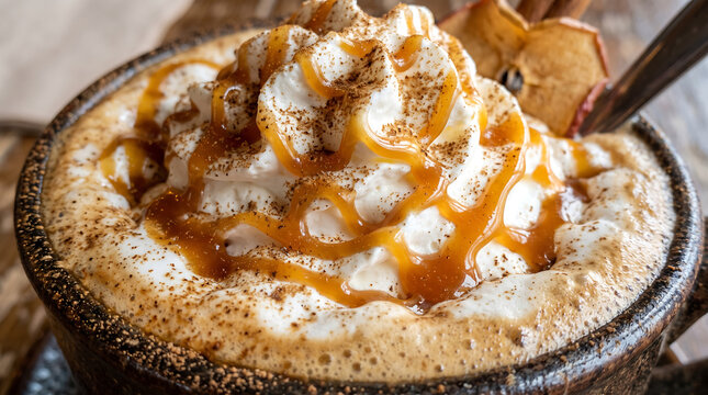 Warm Caramel Apple Latte topped with Whipped Cream, Caramel Drizzle, and Spice Dusting Close-Up