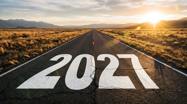Open road stretching to horizon with 2027 painted on asphalt symbolizing future, goals, and new year ahead in vast landscape.