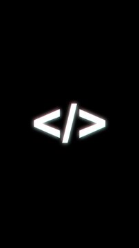 Animated coding icon with digital glitch effect, isolated on black, modern technology loop