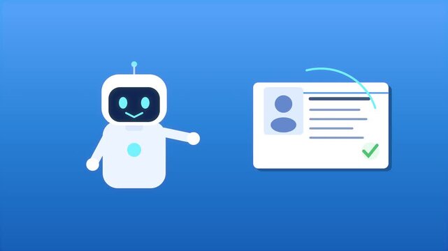 Cute robot animation welcoming users to an identification card interface, technology and access concept