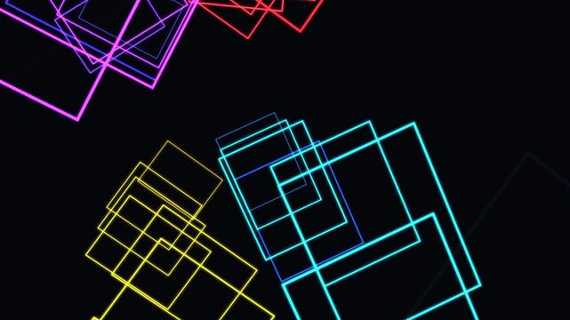 Abstract colorful squares on black background. 2d animation