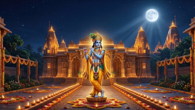 Krishna Devotional Temple Background for Janmashtami Celebration