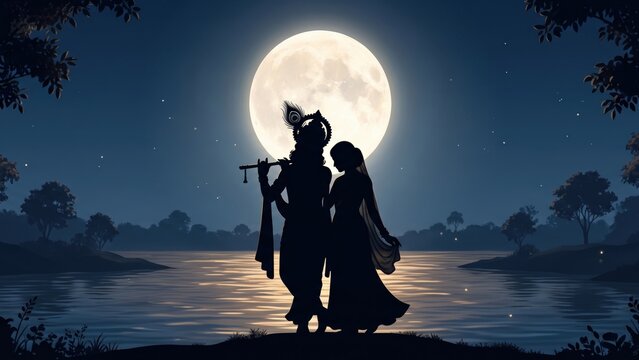 Romantic Radha Krishna Devotional Moonlight Festival Background